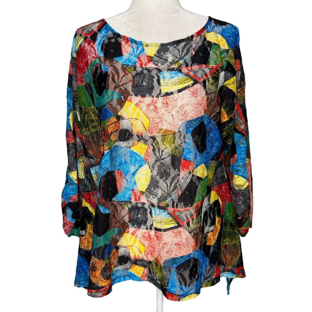 Yon‎ Small Abstract Art to Wear Mesh Tunic Top Asymmetrical Artsy Made In USA